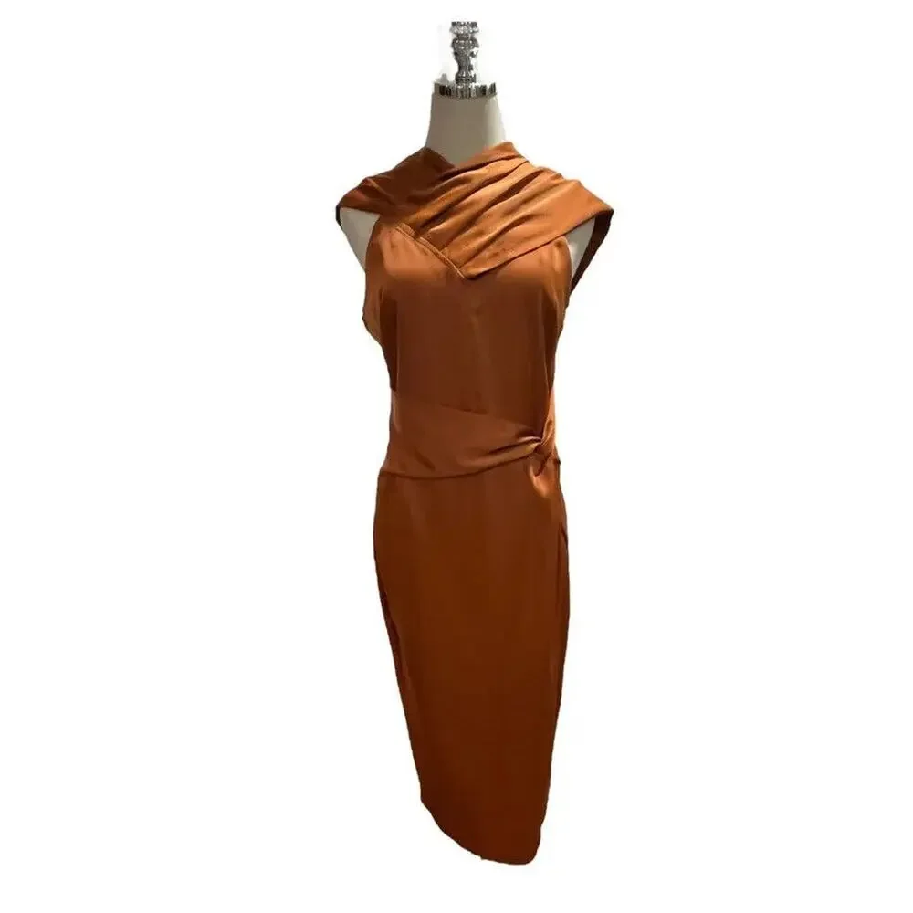 Edit White Closet Rust Color Waist Tie Wrap slit Crossover Versatile Dress Sz 10